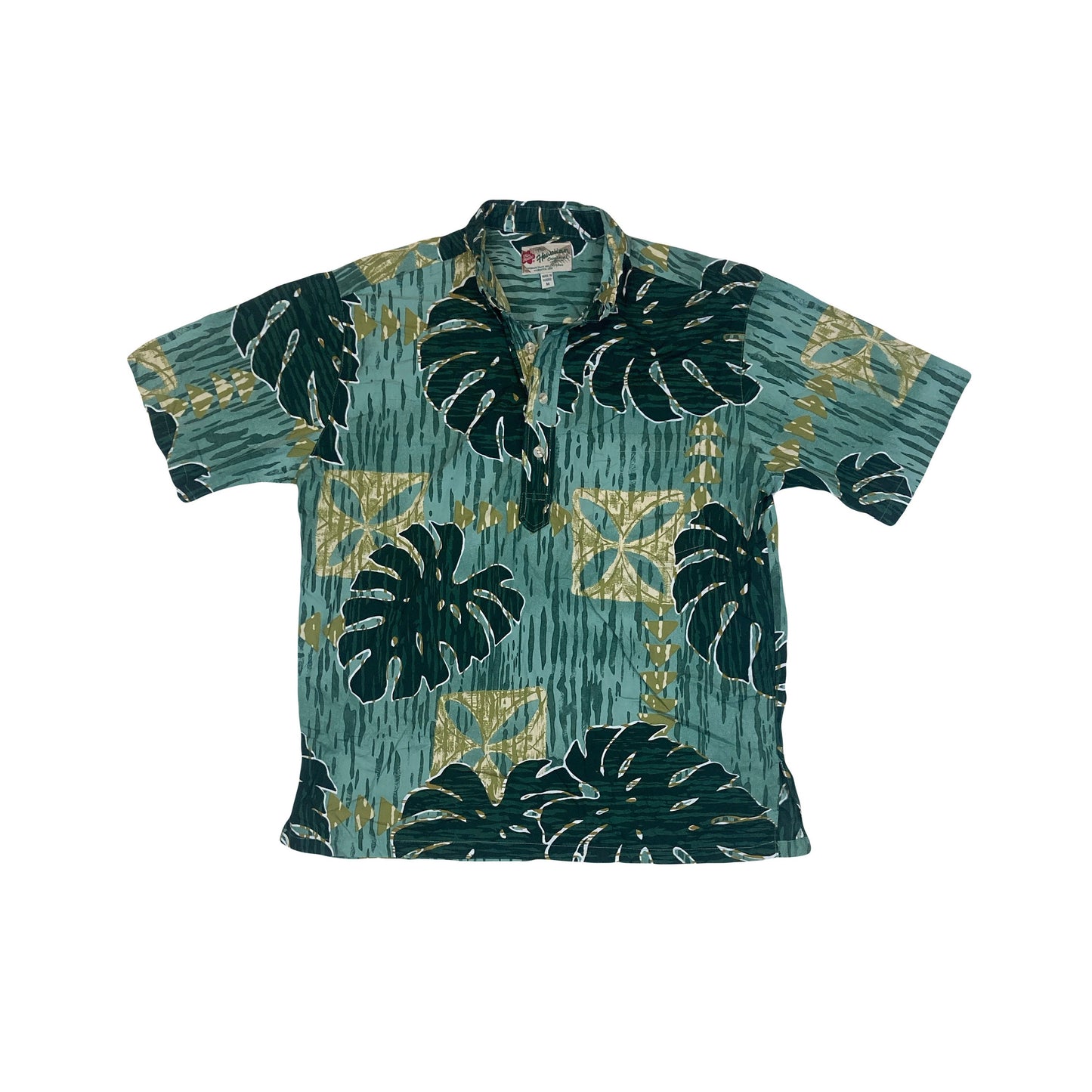 Vintage 90s teal olive green bold leaf pattern hawaiian ugly party shirt sleeve shirt by Hilo Hattie