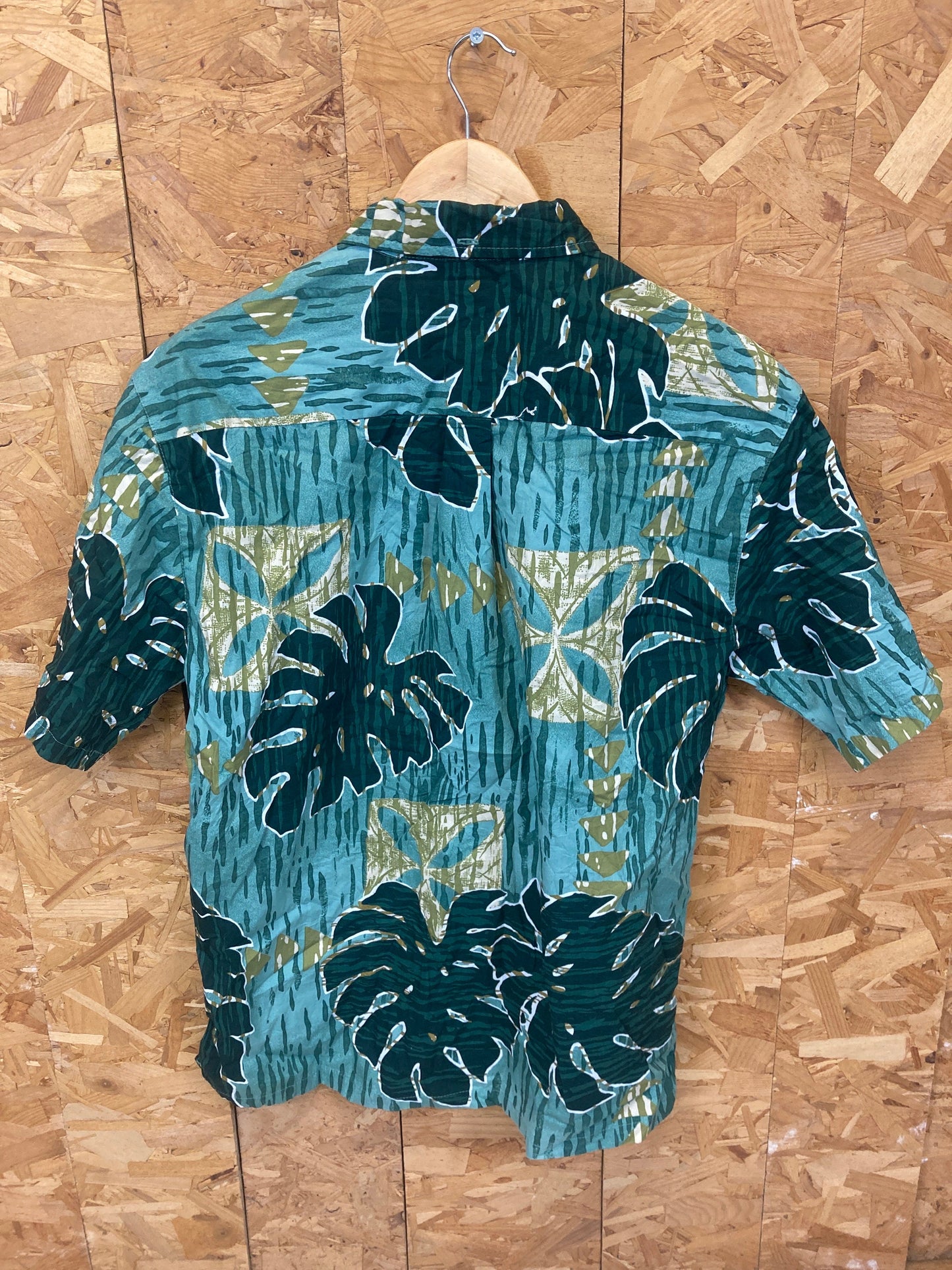 Vintage 90s teal olive green bold leaf pattern hawaiian ugly party shirt sleeve shirt by Hilo Hattie