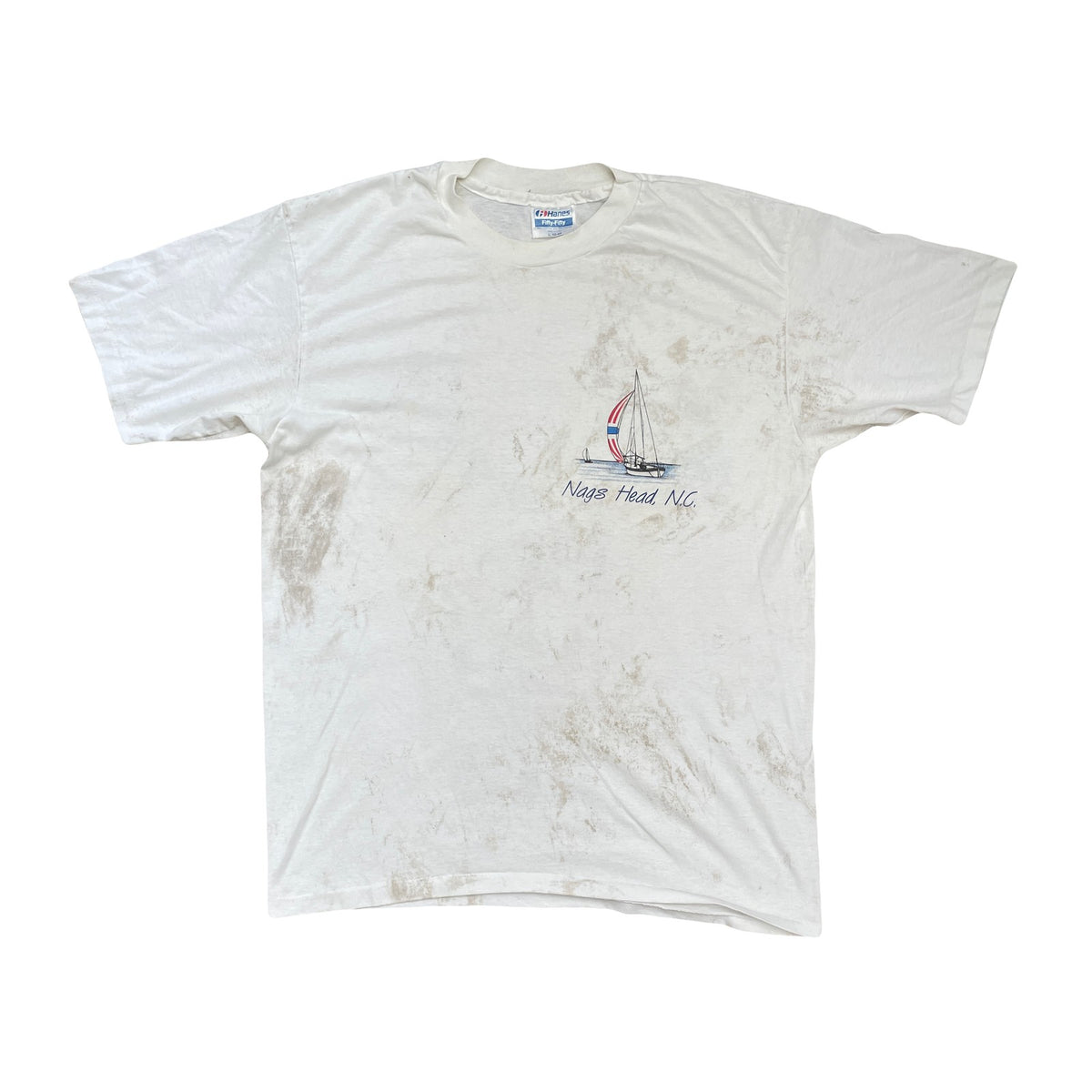 Thrashed Single Stitch Hanes "Nags Head NC" Graphic T-Shirt Size L White