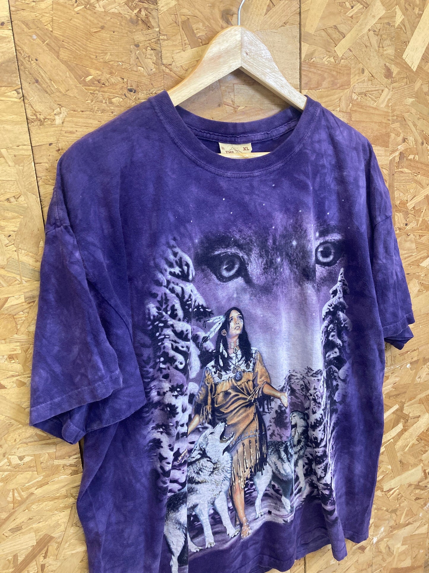 Vintage 90s The Mountain USA purple tie dye Native American Mystic Snow Wolf & Woman T-shirt size XL