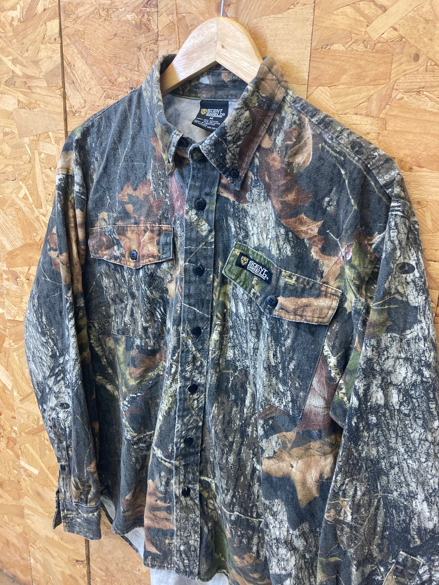 Vintage Y2K Scent Shield Realtree Mossy Oak style realistic camo beige green brown hunting shirt siz