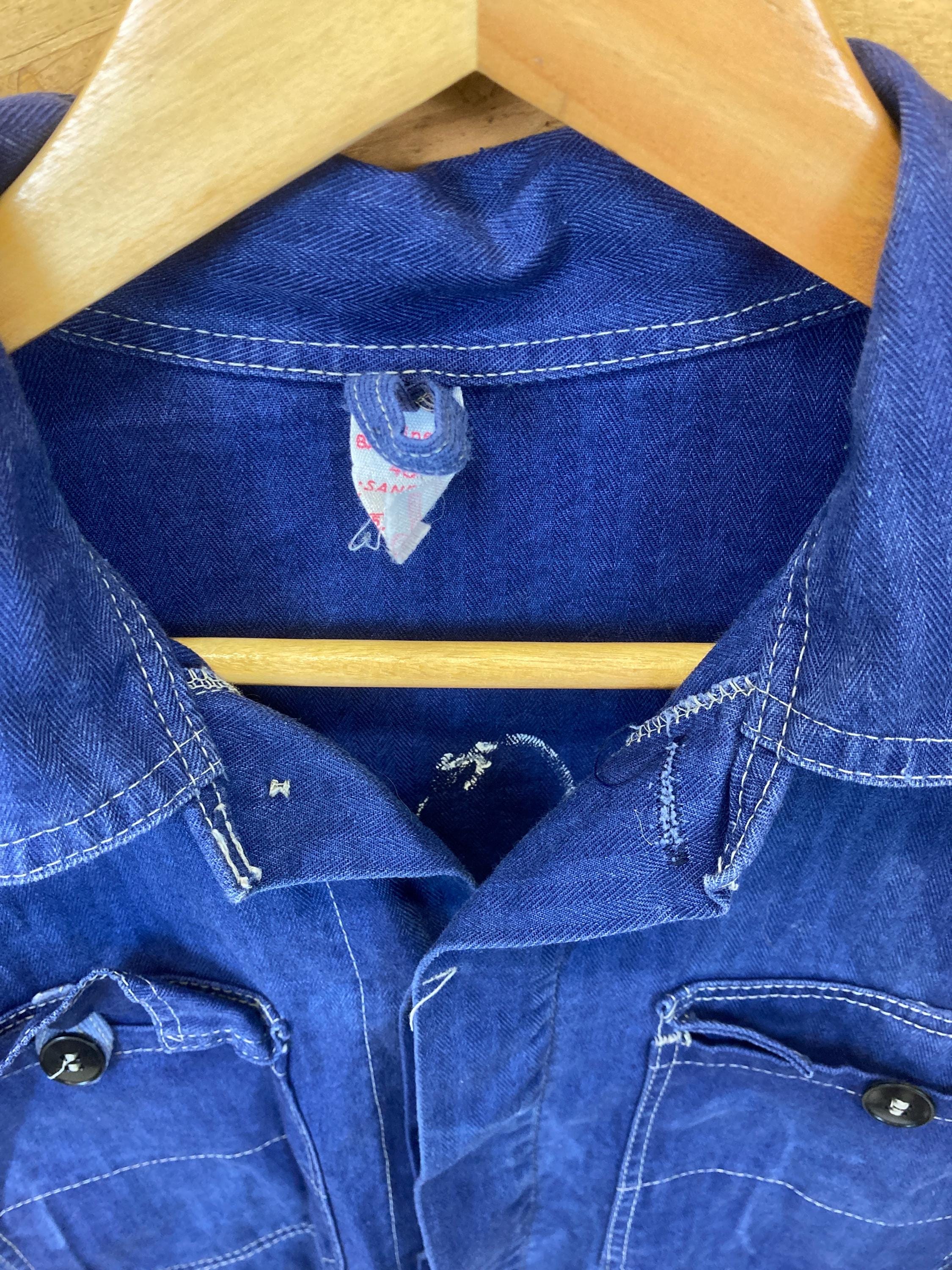 Vintage 70s mens french worker prisoner chore blue distressed cotton herringbone sanforized button u