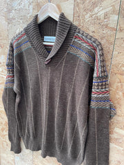 Vintage 90s brown striped grandad roll v-neck acrylic pattern slouchy jumper pullover size 50 medium