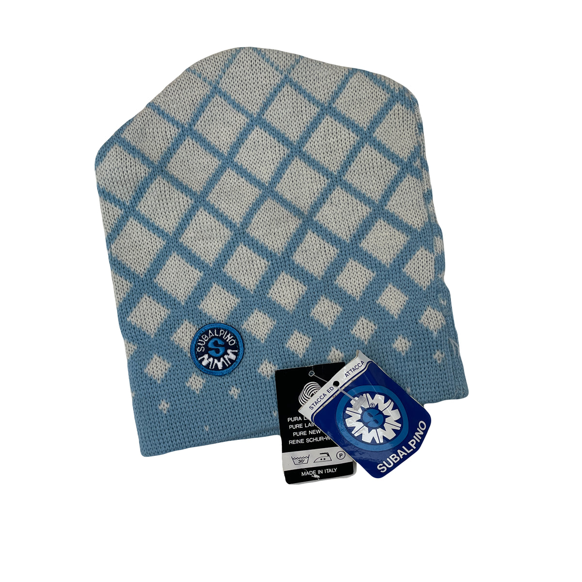 Vintage 90s Subalpino Knit Beanie Hat Blue White Diamond Pattern Made in Italy