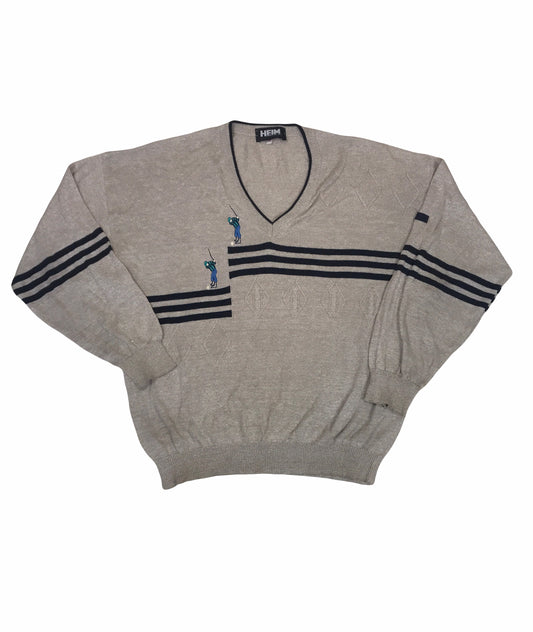 Vintage 90s beige black striped golf player embroidery knitted v-neck pullover jumper size 48 XL