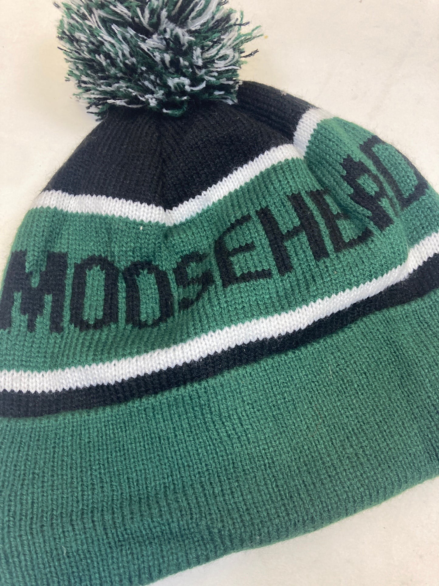 Vintage green black Moosehead spell out winter ice hockey beanie bobble hat