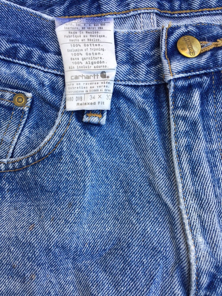 Carhartt Vintage mens 90s blue stone wash denim distressed work trousers size W34 L30