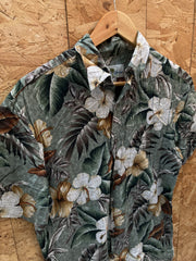 Vintage 90s rayon green brown beige floral pattern Hawaiian shirt size small