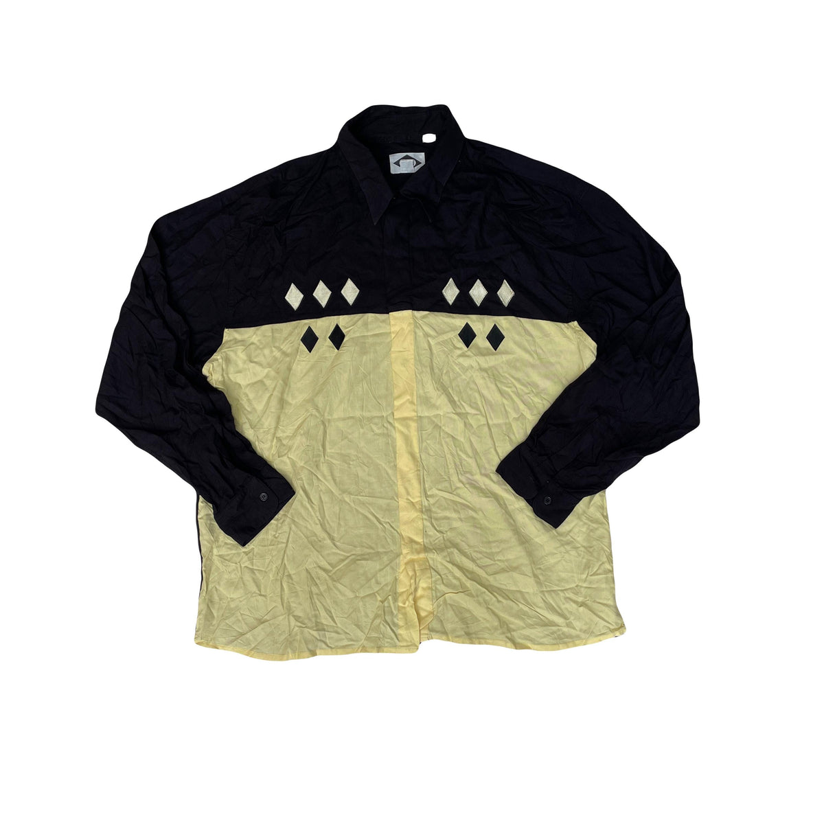 Vintage 90s pastel yellow black block panel harlequin rockabilly mod long sleeve relaxed shirt size
