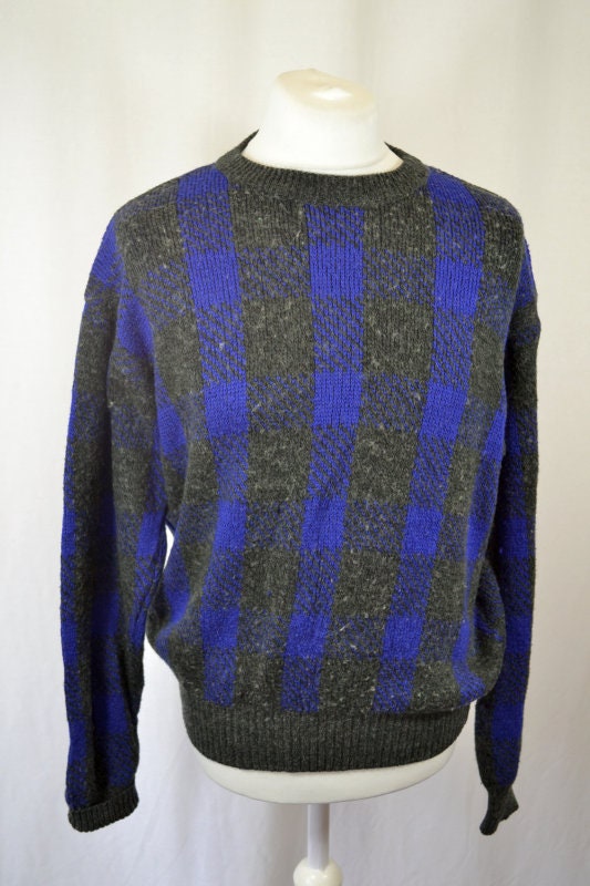 Vintage 90s charcoal blue knitted wool & acrylic stripe squares pattern jumper pullover size large b