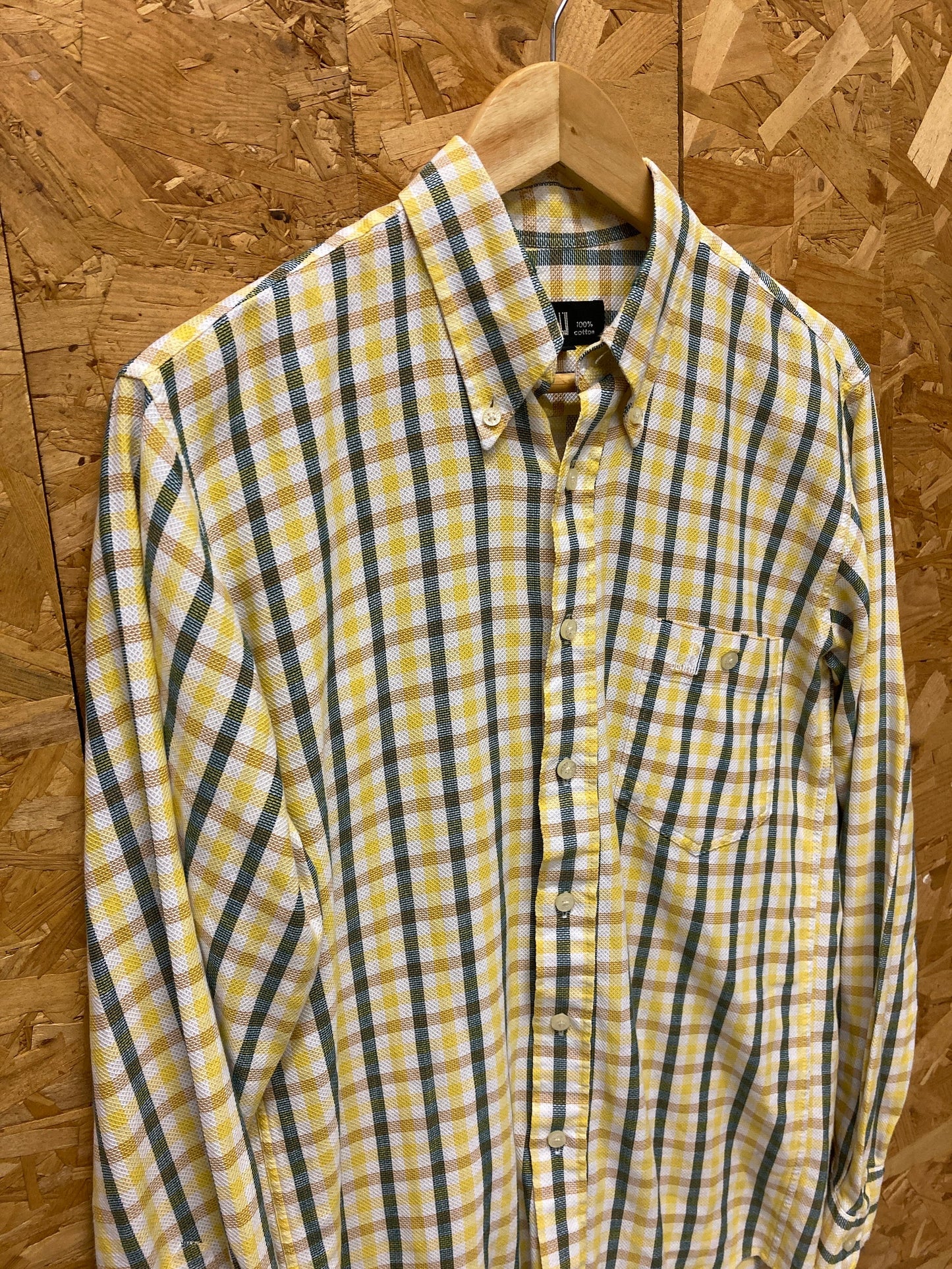 Vintage 90s Dunhill mustard yellow green white flannel check brushed cotton shirt size small