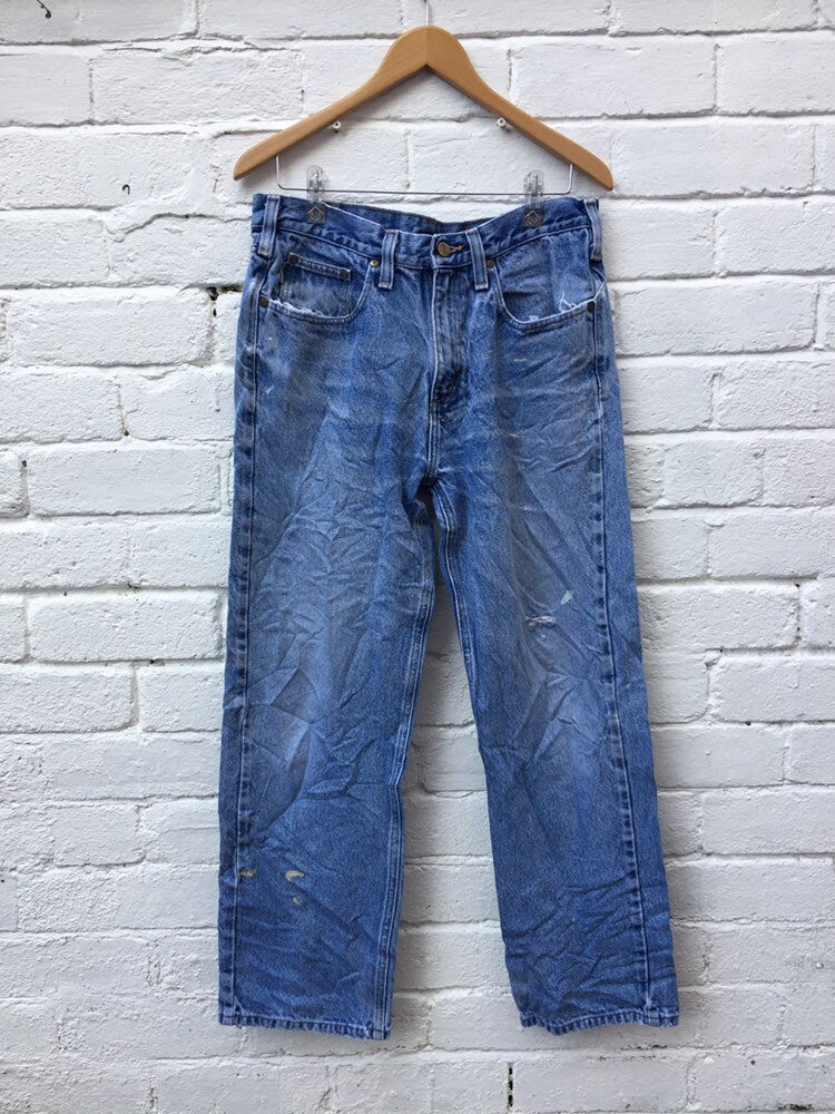Carhartt Vintage mens 90s blue stone wash denim distressed work trousers size W34 L30