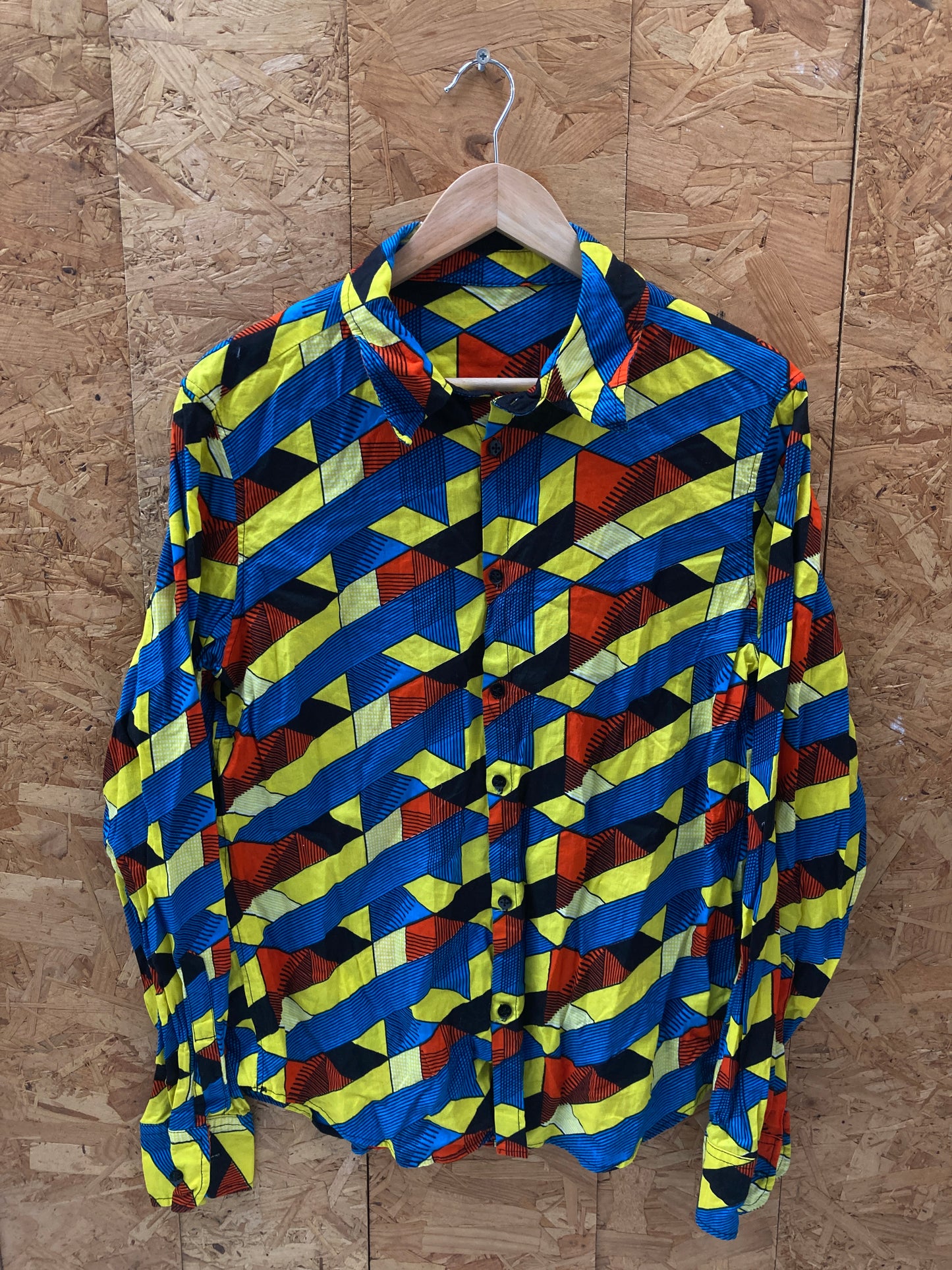 Vintage Y2K blue yellow abstract cubic escher pattern long sleeve shirt small