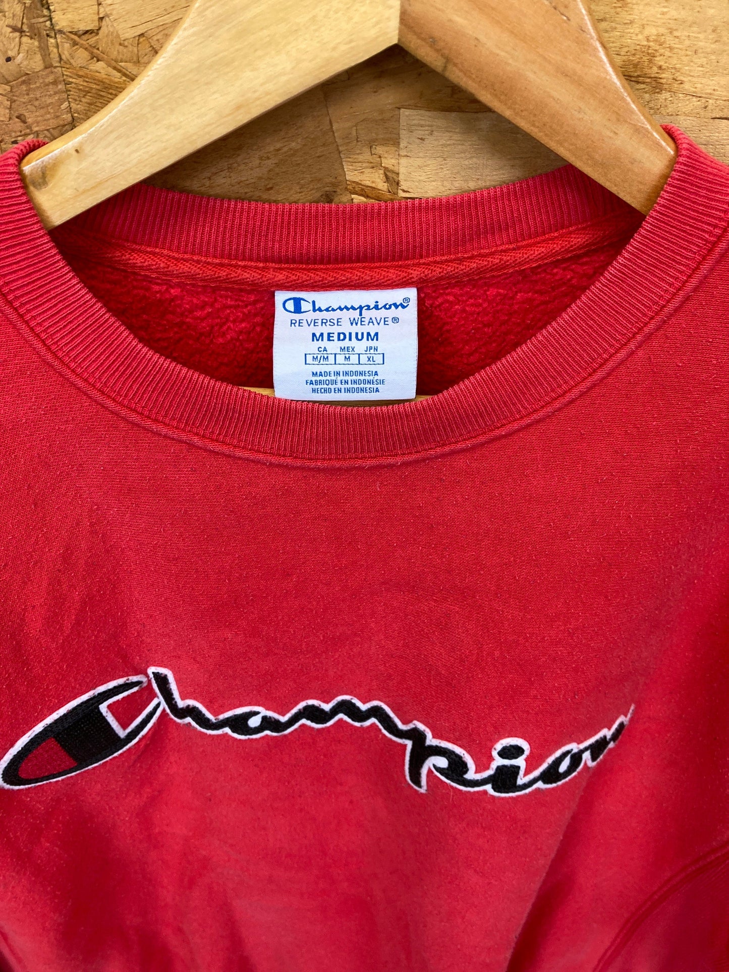 Vintage 90s Champion USA reverse weave heavyweight red & black spell out embroidered sweater size me