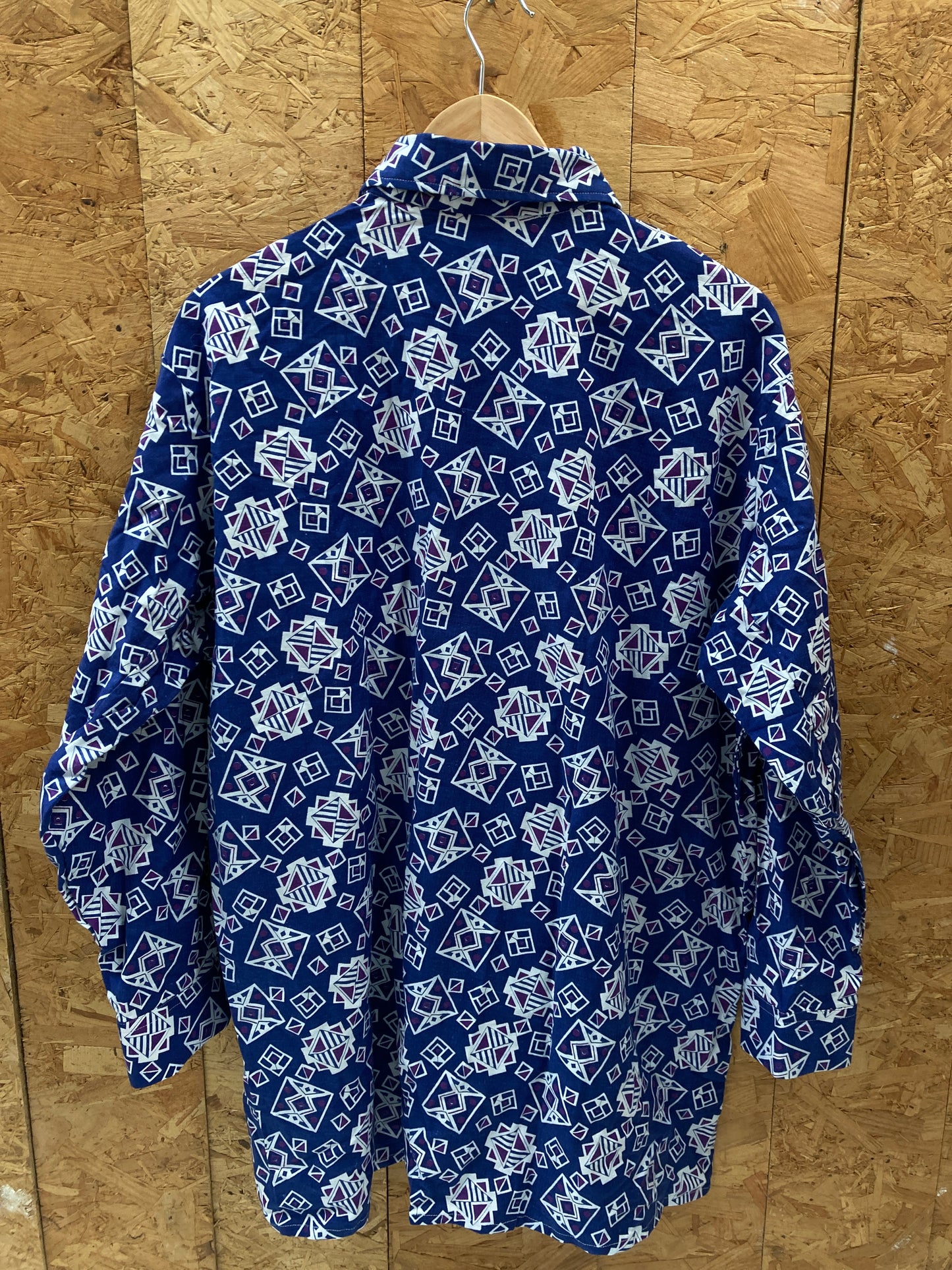 Vintage 70s blue white abstract pattern long sleeve shirt size XXL by Lotus