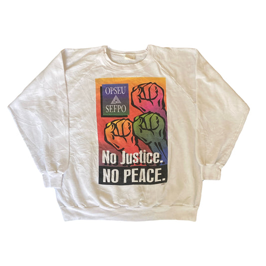 Vintage 96 Opseu ‘No justice No peace’ white crew neck sweater size extra large