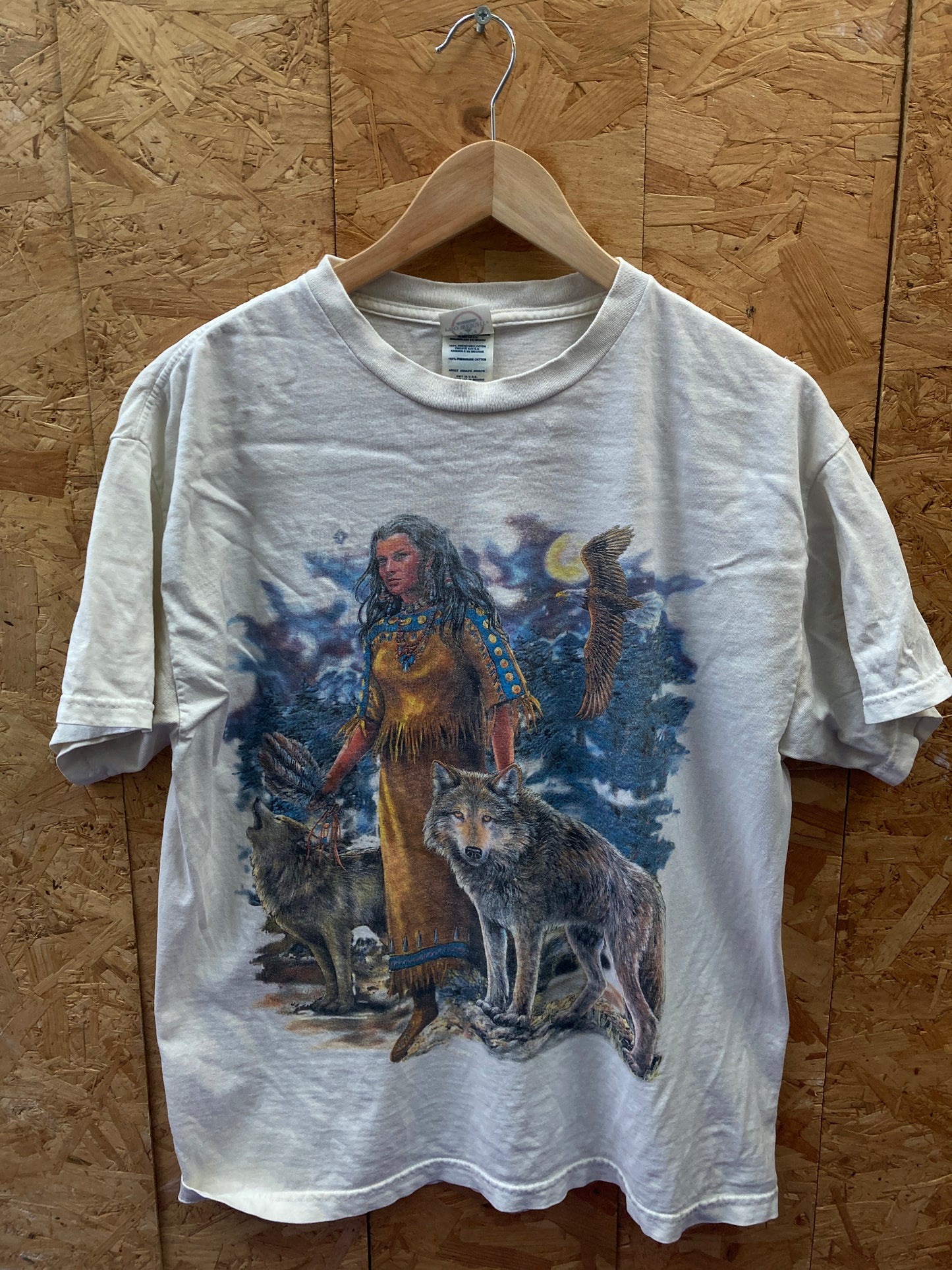 Vintage 90s Native girl and wolf souvenir off white t-shirt size large by Delta