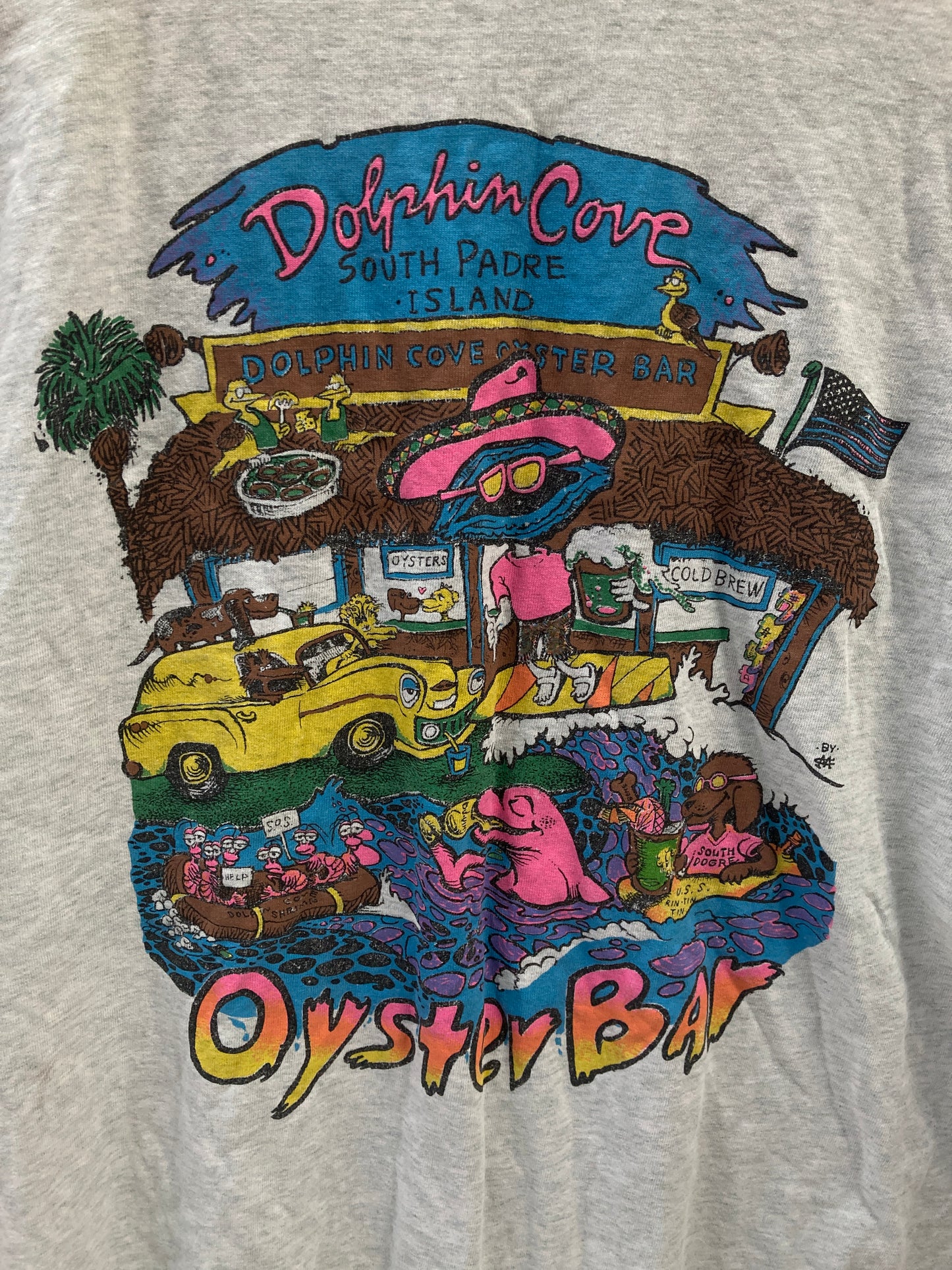 Vintage 90s Dolphin Cove Oyster Bar single stitch grey pocket t-shirt size XXL