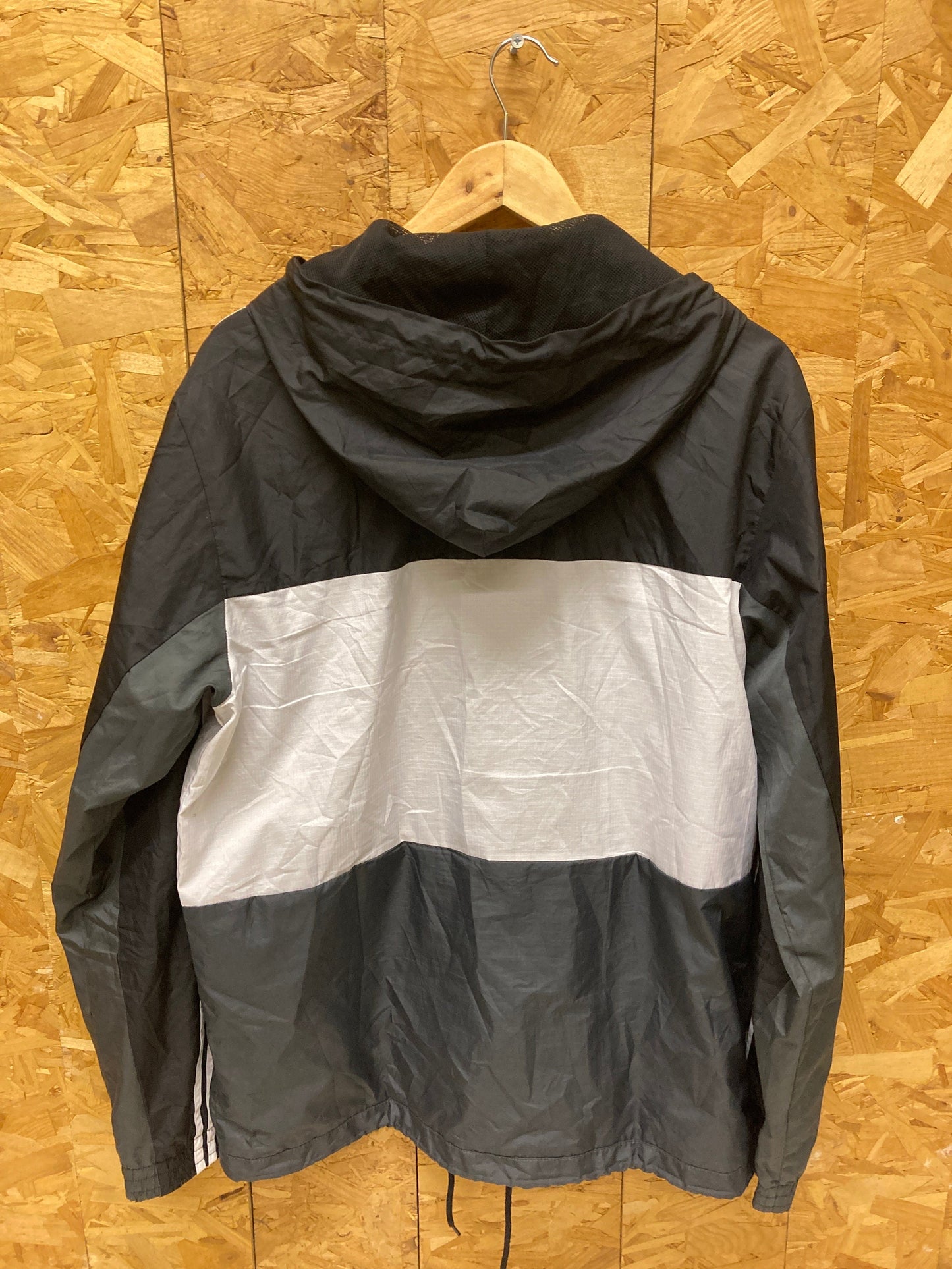 Vintage Y2K Adidas black grey white with 3 stripes windbreaker waterproof mesh inner hooded jacket s