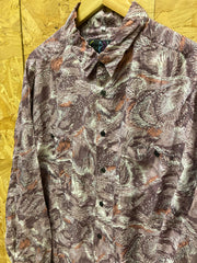 Vintage 80s floral leaves abstract pattern grey purple 100% silk long sleeve ugly party shirt size l