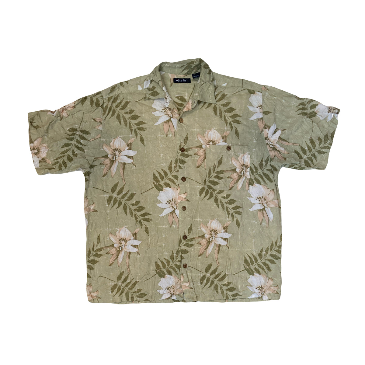 Vintage 90s pastel green beige viscose hibiscus pattern Hawaiian shirt size L