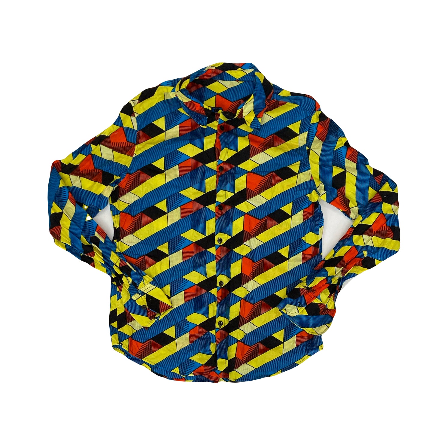 Vintage Y2K blue yellow abstract cubic escher pattern long sleeve shirt small