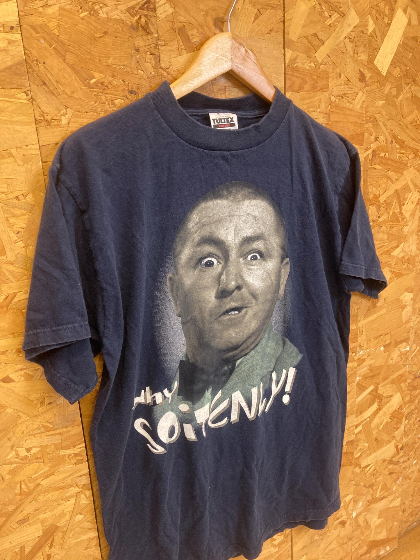 Vintage 90s Navy blue single stitch Three stooges Curley Joe why soitenly t-shirt size large by Tult