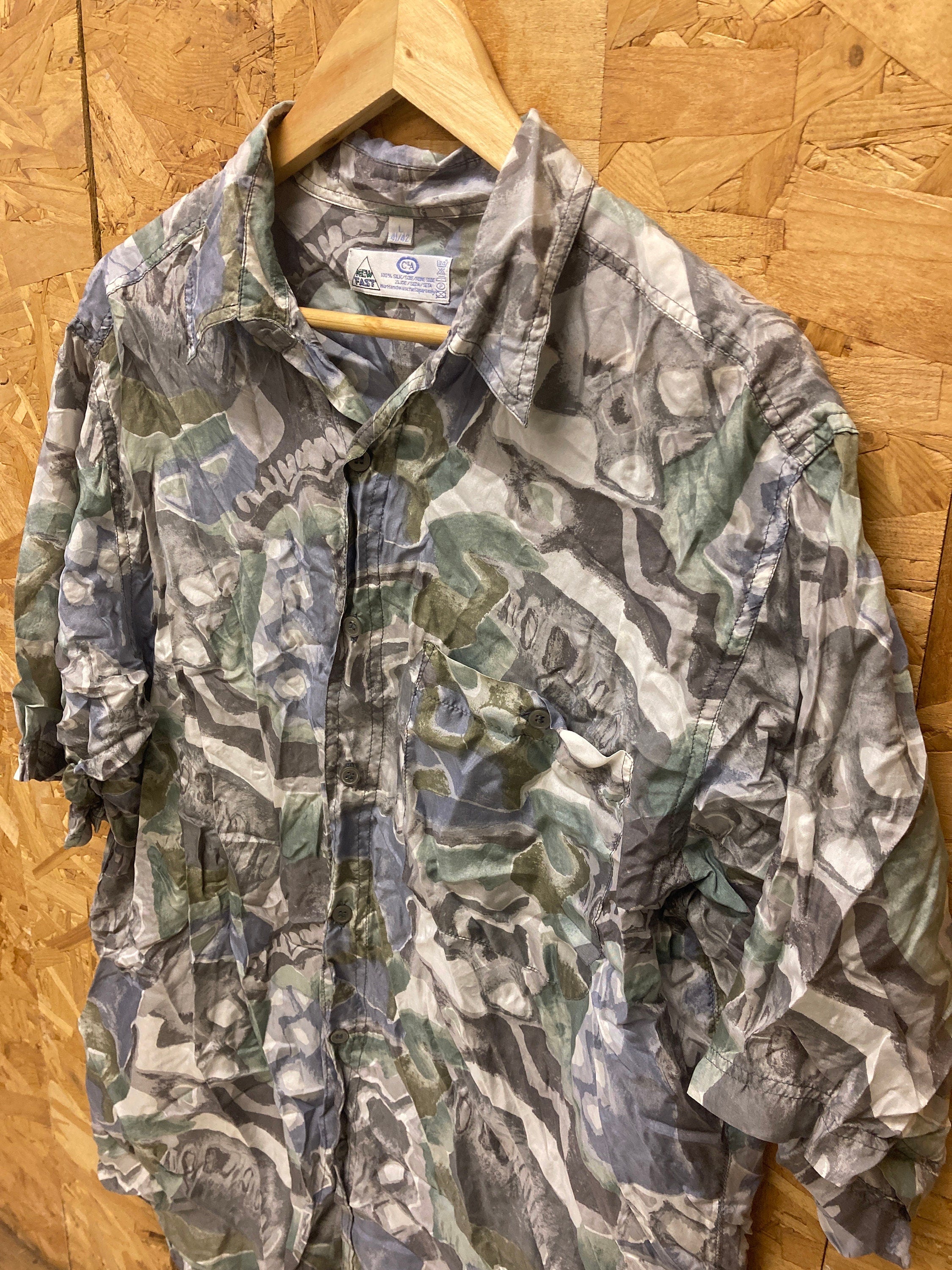 Vintage 90s men’s ugly abstract pastel purple grey 100% silk festival short sleeve shirt size large