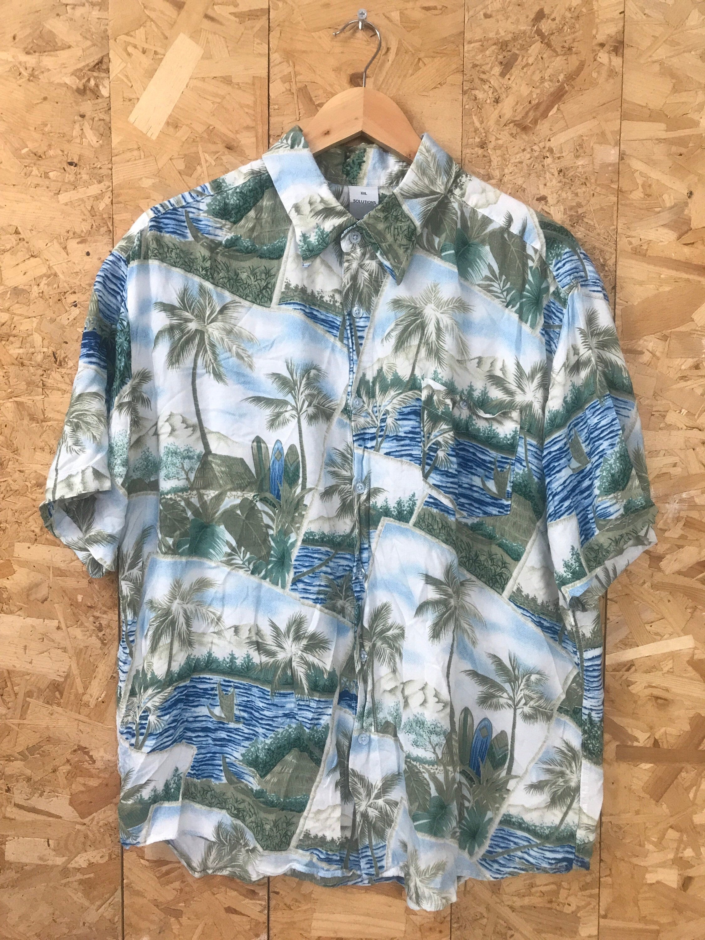 Vintage Y2K mens light green pale blue hibiscus palm trees print Hawaiian eccentric statement quirky