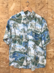 Vintage Y2K mens light green pale blue hibiscus palm trees print Hawaiian eccentric statement quirky