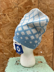 Vintage 90s Subalpino Knit Beanie Hat Blue White Diamond Pattern Made in Italy