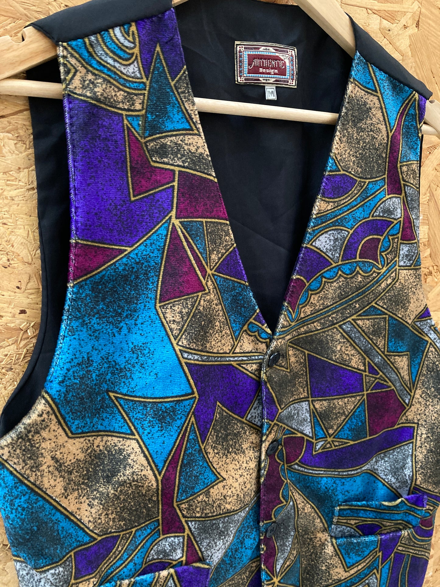 Vintage 80s turquoise gold purple abstract psychedelic velour waistcoat size M