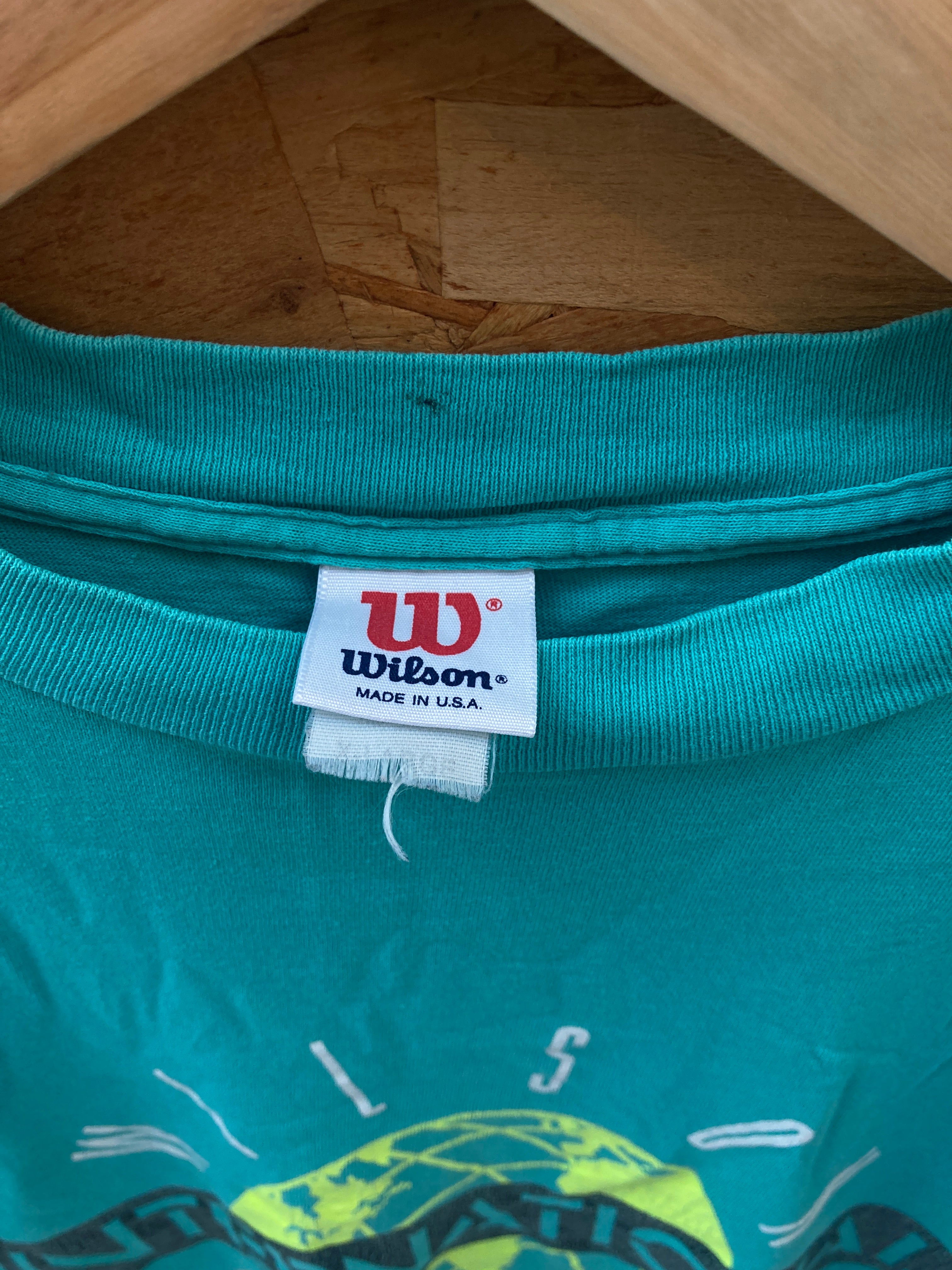 Vintage 90s turquoise Wilson Tennis globe logo single stitch t-shirt size XL