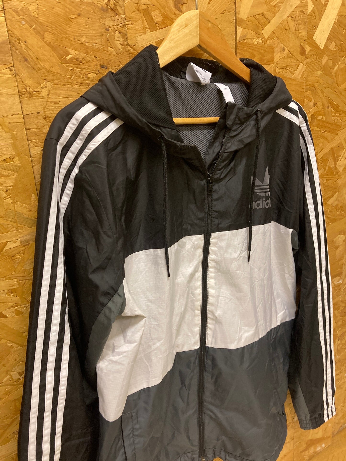 Vintage Y2K Adidas black grey white with 3 stripes windbreaker waterproof mesh inner hooded jacket s