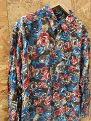 Vintage 90s bold floral roses blue pink green abstract pattern long sleeve rayon shirt size XL by St