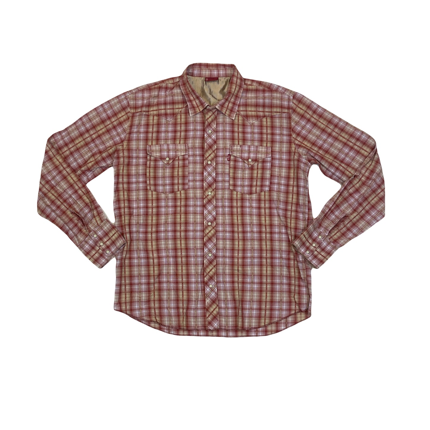 Vintage 90s Levis Red Tab red gold brown cotton check plaid western cowboy rancher dress shirt size