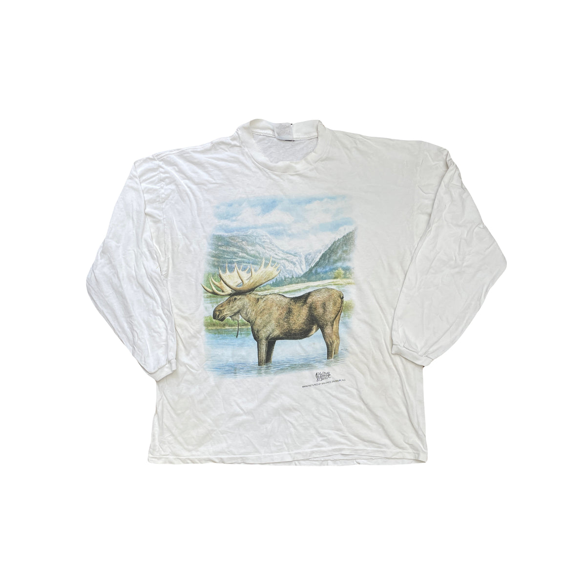 Vintage Wildlife Moose Landscape Long Sleeve Single Stitch T-Shirt White Size XL
