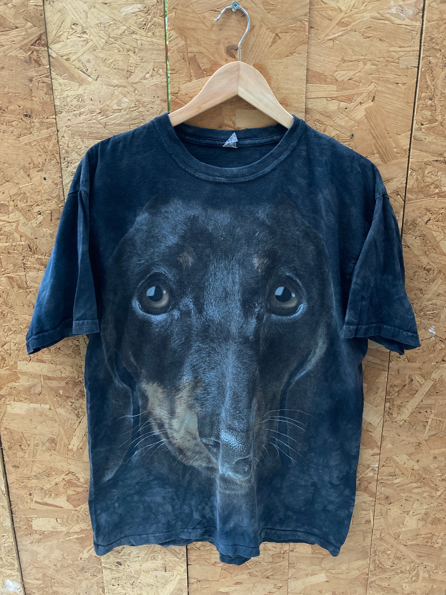 Vintage Y2K black grey grungy dog face print tie dye souvenir t-shirt size large