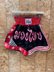 Vintage Thai boxing combat shorts black red stars & stripes traditional script size medium