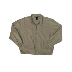 Vintage Ralph Lauren Red Horse Chino Jacket Khaki Cotton Logo Zip Up Mens L Lightweight