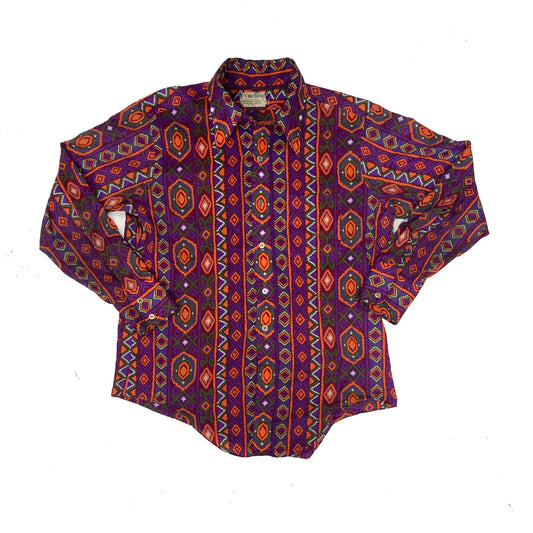 Vintage 70s purple orange Aztec pattern polyester shirt size large by Marlboro