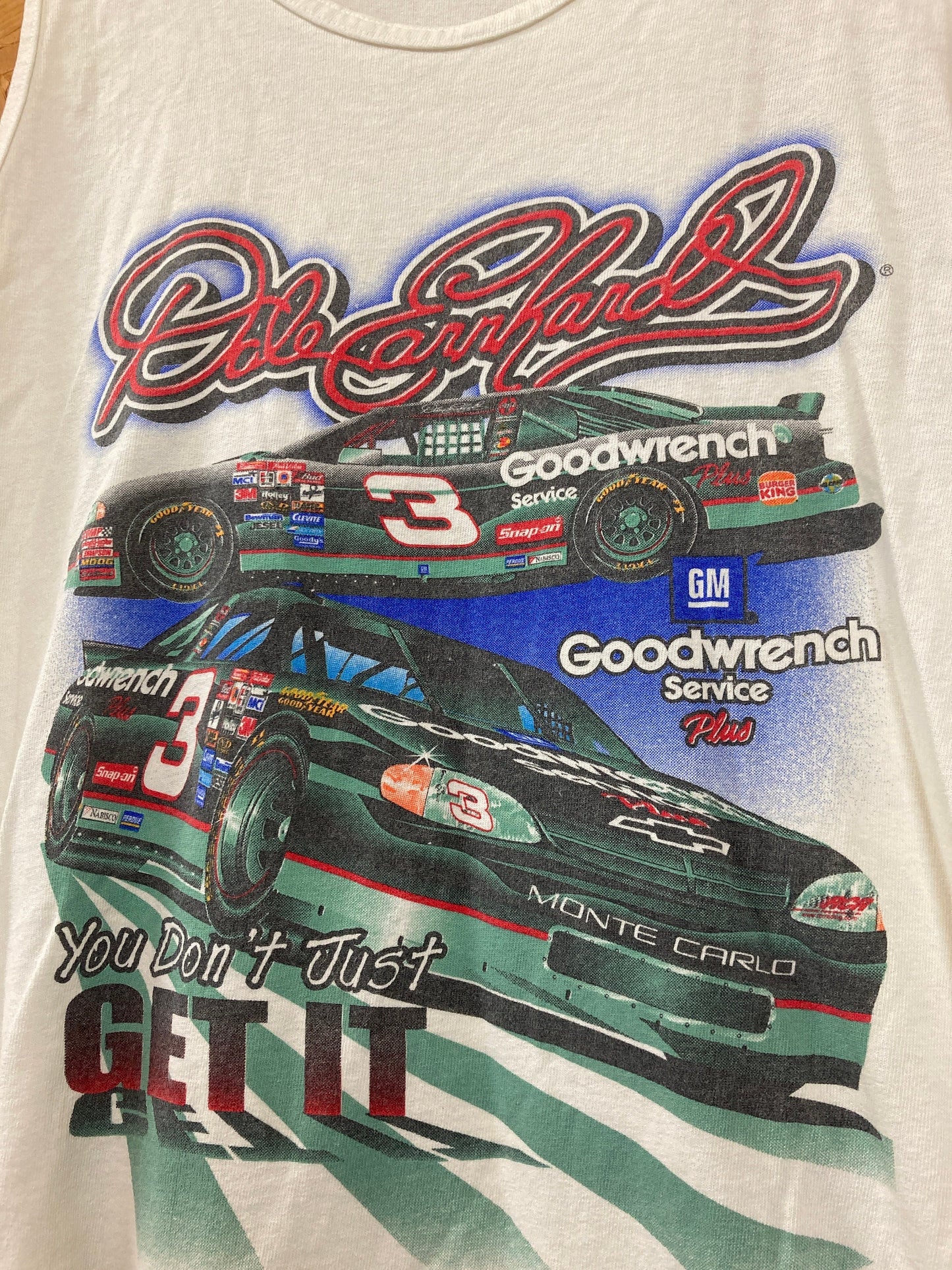 Vintage 90s white NASCAR Dale Earnhardt Chevy Goodwrench gymnasium vest muscle souvenir t-shirt size