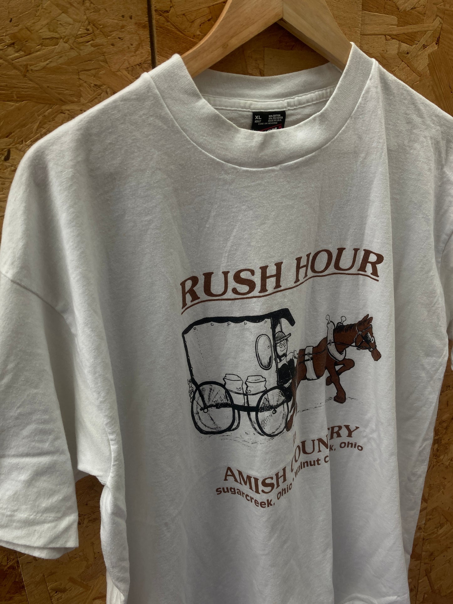 Vintage 90s Rush Hour in Amish Country funny single stitch white t-shirt size XL