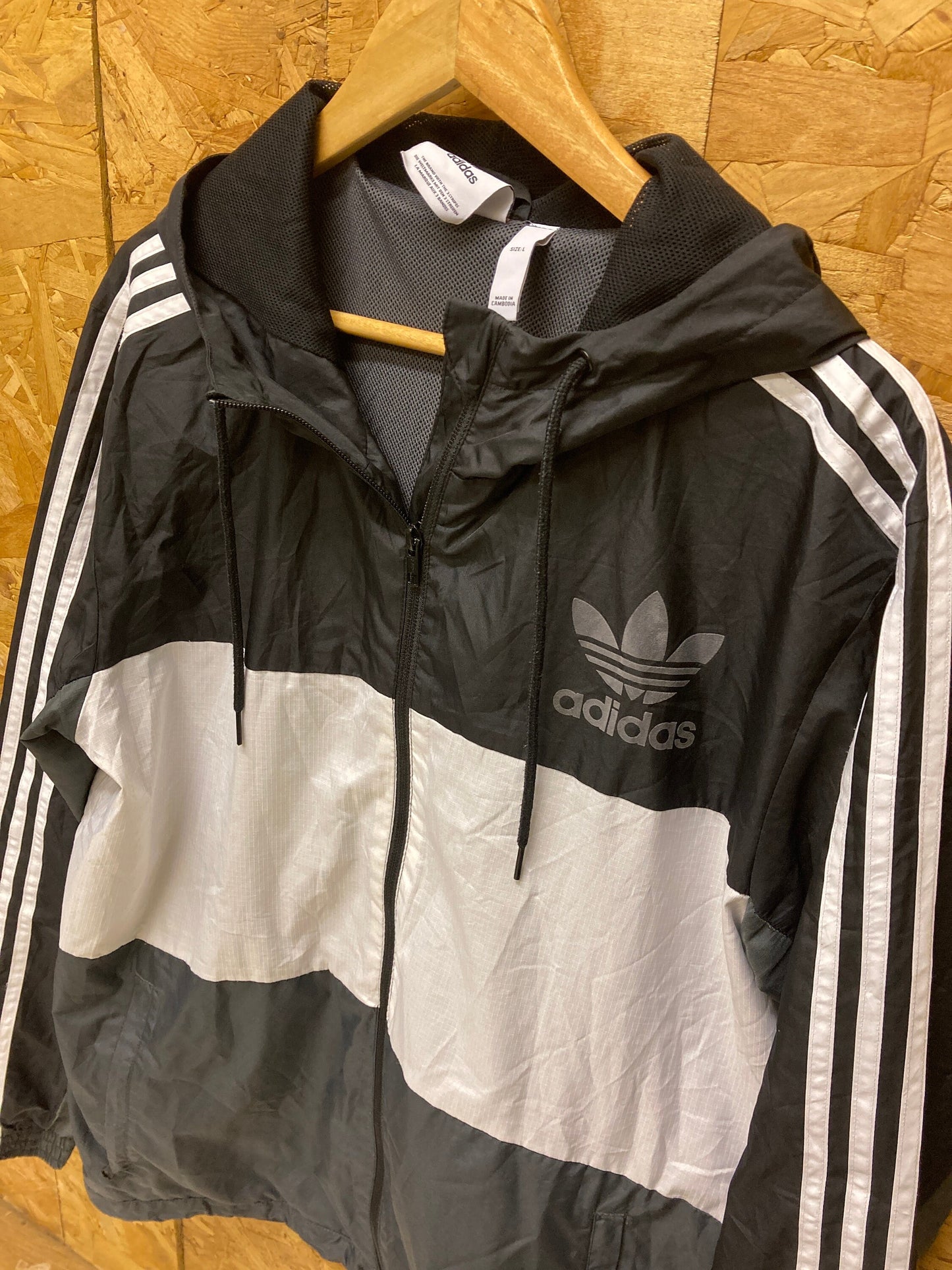 Vintage Y2K Adidas black grey white with 3 stripes windbreaker waterproof mesh inner hooded jacket s