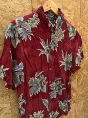 Vintage Y2K rayon burgundy grey floral pattern Hawaiian shirt size medium