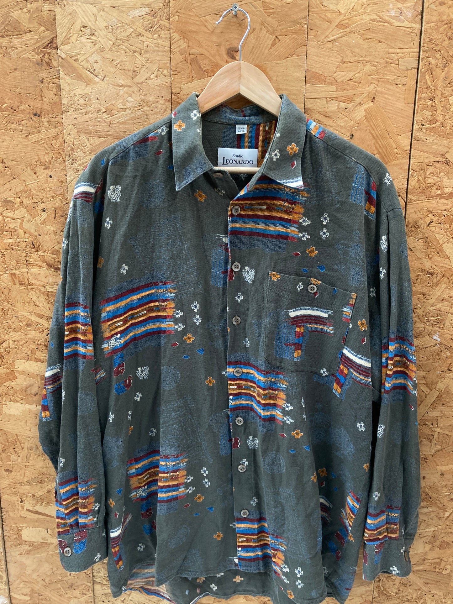 Vintage 90s olive green abstract Southwestern pattern long sleeve shirt size 42L