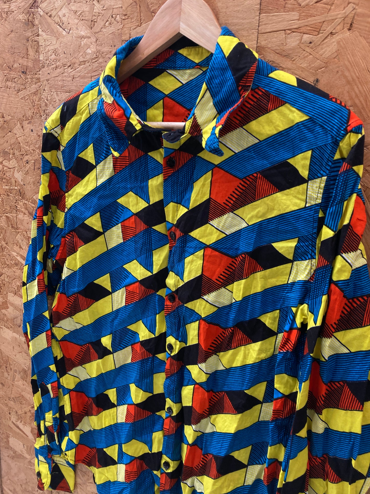 Vintage Y2K blue yellow abstract cubic escher pattern long sleeve shirt small