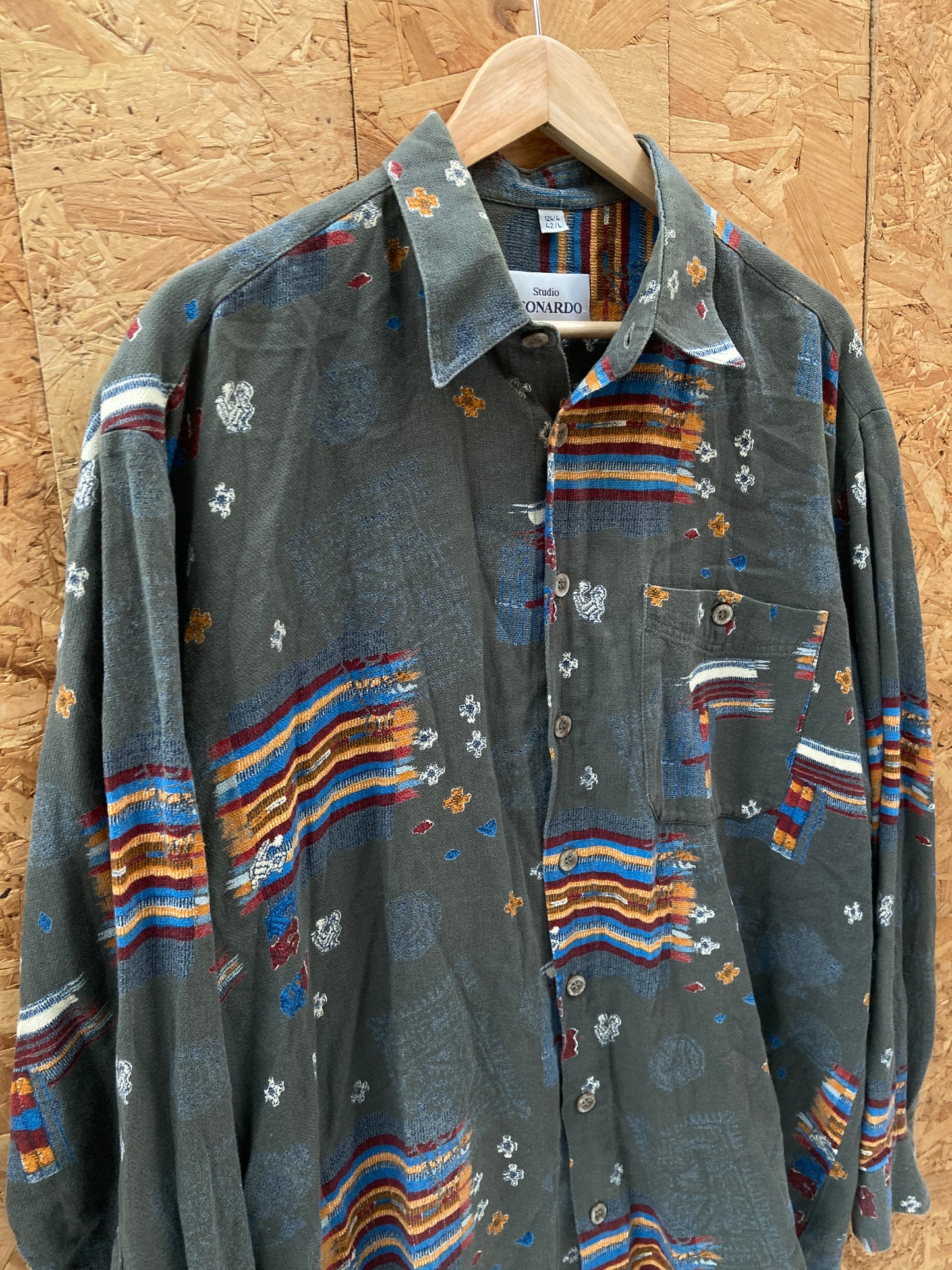 Vintage 90s olive green abstract Southwestern pattern long sleeve shirt size 42L