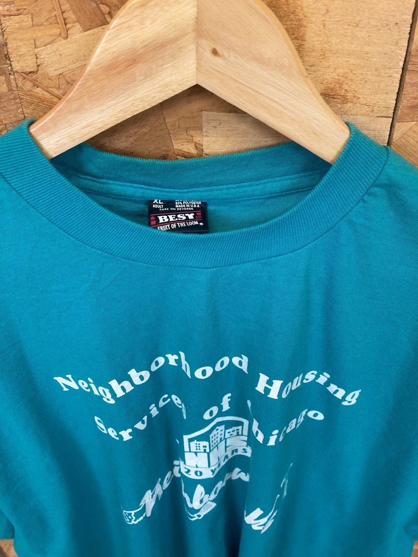 Vintage 90s turquoise Chicago neighbourhood housing services NHS souvenir single stitch t-shirt size