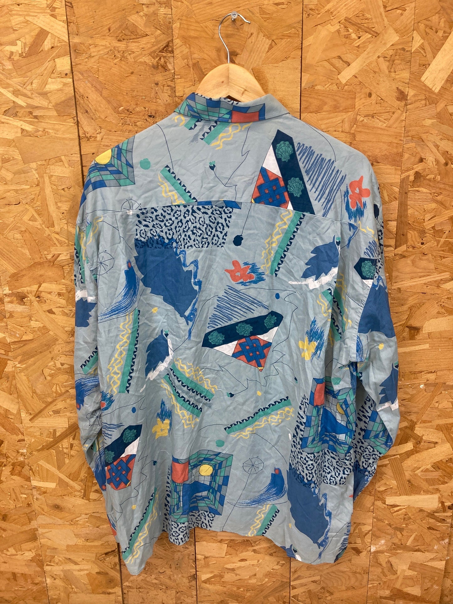 Vintage 90s pastel blue nautical themed crazy abstract pattern rayon long sleeve ugly party shirt si